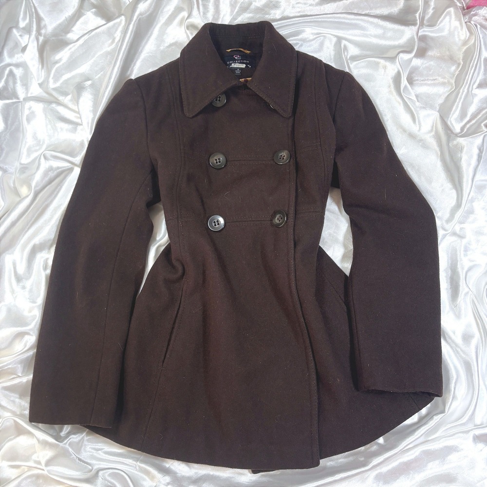 y2k Pea Coat Brown Excellent Leopard Print Lined Double Breasted Jacket